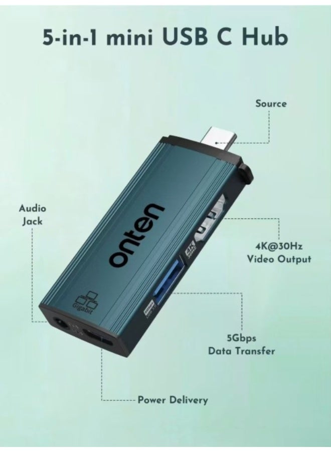 onten OTN-UC361 5-in-1 USB-C Mini Dock (HDMI 4K30Hz + USB3.0 + PD100W + 3.5mm Audio) - Image 2